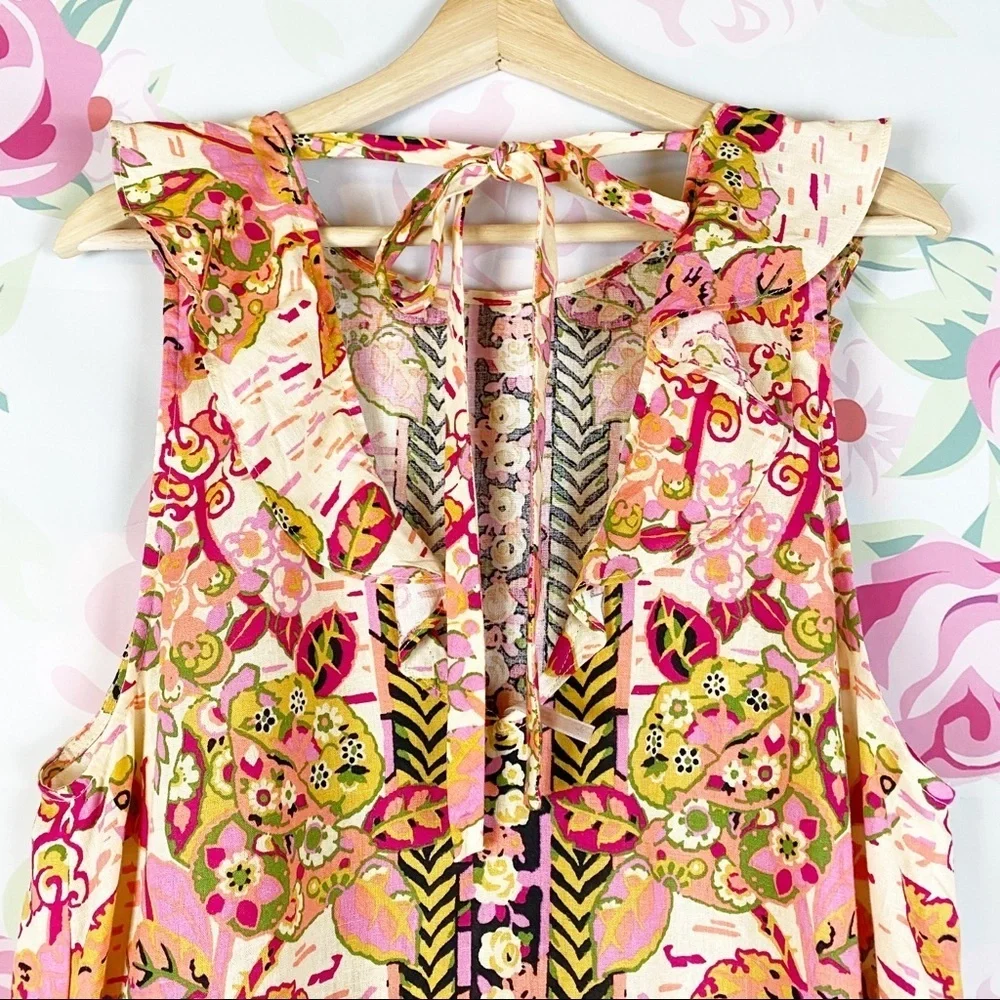 NEW Free People Summer In Tulum Pink Combo Tunic Floral Summer Sleeveless Top XS